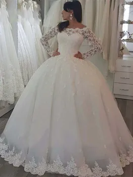 

CINESSD Boat Neck Lace Wedding Dress 2020 Appliques Ball Gown Bridal Gown Chapel Train Plus Size Vestido de novia
