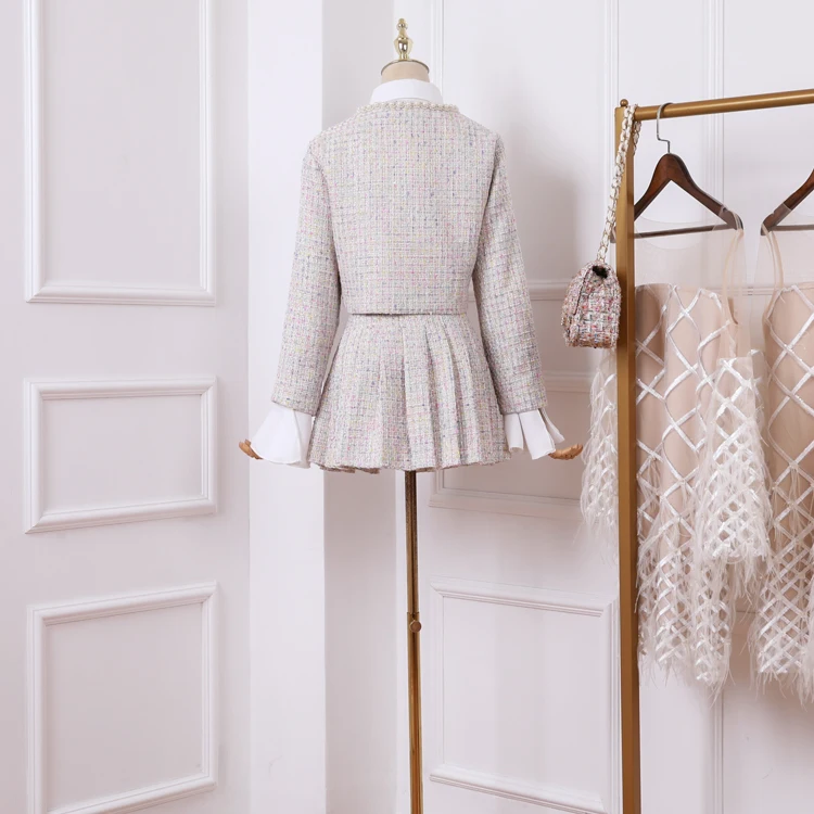 Небольшой аромат костюм Женская Осенняя одежда Комплекты из трех предметов новая женская шифоновая блузка+ твидовая куртка с жемчужинами+ шерстяные юбки