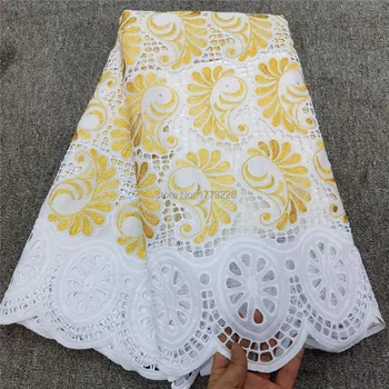 

New Gold/White 100% Cotton Lace Fabric High Quality Nigerian French Lace Embroidery Swiss Voile Lace In Switzerland 5 Yards HLS