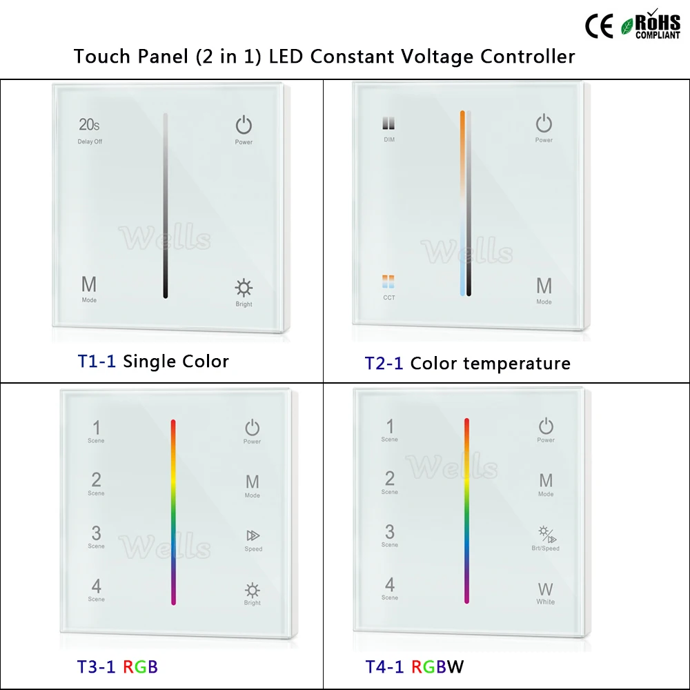 

T1-1/T2-1/T3-1/T4-1 Touch Panel LED Constant Voltage (2 in 1) Controller for single color/color temperature/RGB/RGBW led strip