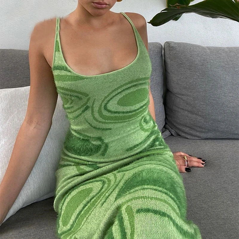 

2021 Print Knit Bodycon Dress Women Summer Hollow Out Sexy Sleeveless Spaghetti Strap Beach Midi Dresses Party