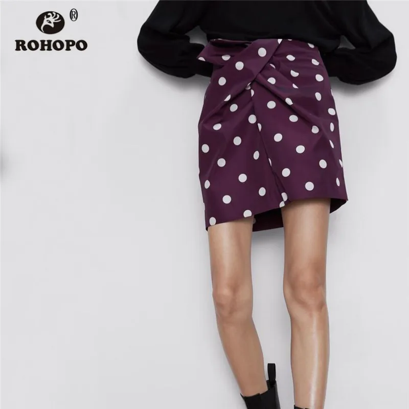 

ROHOPO White Polk Dot Front Draped Bow Claret Mini Skirt Autumn Ladies Vintage Flared Hem Back Zipper Closure Falda #1487