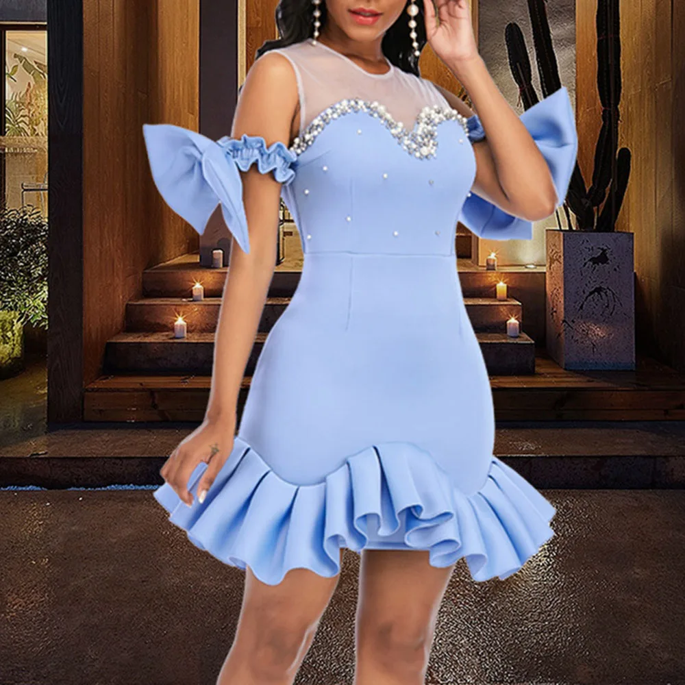 Vestido corto azul cielo para fiesta, minivestido de noche para celebridades, bonito Sexy, malla transparente, Patchwork - AliExpress