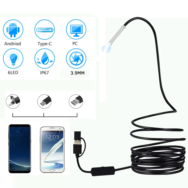 

3.9MM 3 IN1 USB/Micro/Type-C Android Endoscope HD 720P Borescope Inspection Camera Waterproof For Smartphone With OTG UVC PC