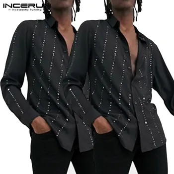 

Fashion Men Polka Dot Long Sleeve Lapel Business Casual Dress Shirt Elegant Social Streetwear Button Baggy Mens Blouse INCERUN