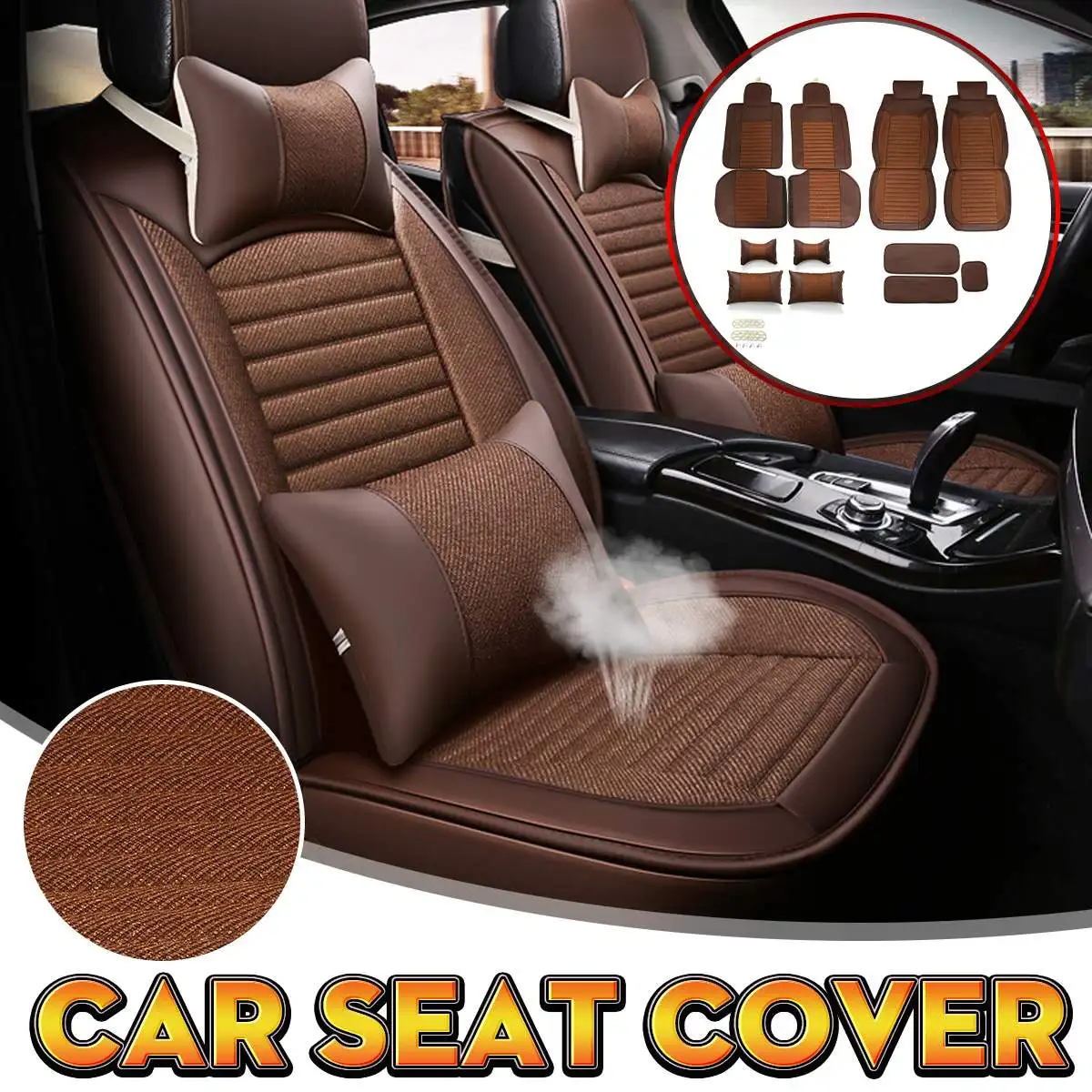 

11Pcs Car Seat Cover Set Cotton and Linen Fabric Breathable Car Seat Protector For Most Cars Universal Size Auto Accessories