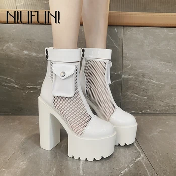 

NIUFUNI Sexy Mesh Ankle Boots Women Back Slim Zipper Platform High Heels Model Wedding Round Toe Shoes For Women Botas mujer