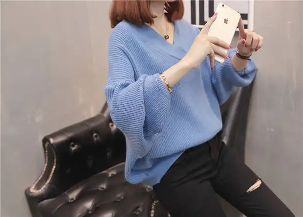 Пуловер, Blusas De Inverno Feminina, хлопок, половина 9307-8822, настоящая фотография, новинка, однотонный, v-образный вырез, летучая мышь, трикотаж, 52-1f, 5 рядов, 4 полки