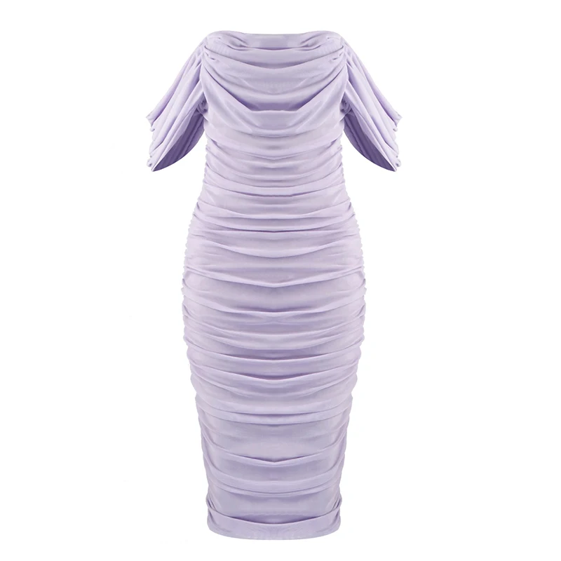 

Europe and the United States new autumn and winter purple word collar tube top open back fork mesh tight skin wrinkle bag hip bandage dress
