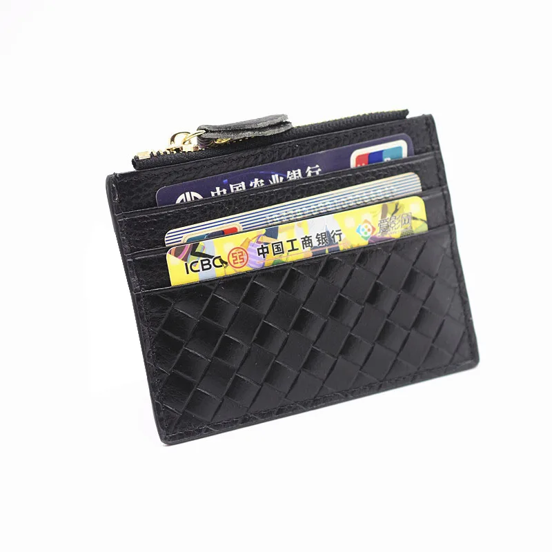 Genuine Leather Card Holder Female Black Plaid Credit ID Card Holders Zipper Wallet Change Coin Purse Keychain Business Card Bag