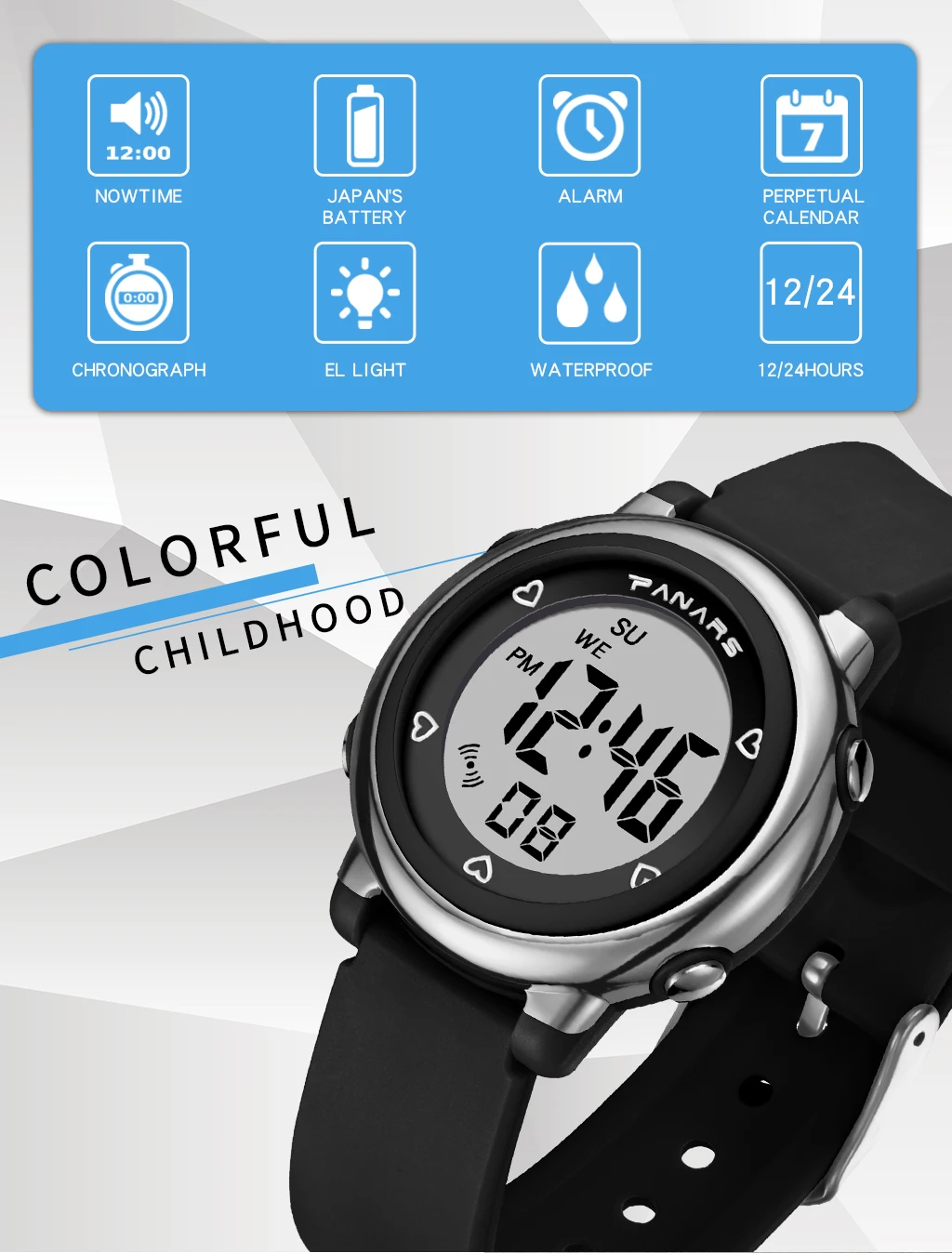 PANARS модные детские цифровые часы для мальчиков и девочек, подарок студентам, красочные светящиеся спортивные водонепроницаемые детские часы