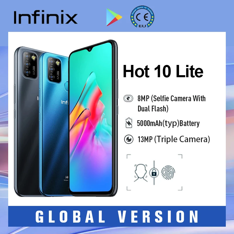 Infinix Hot 10 Lite Smartphones 5000mAh Large Battery Fingerprint & Face Unlock 13MP Triple Camera Android 10  6.6"HD Display infinix hot new model