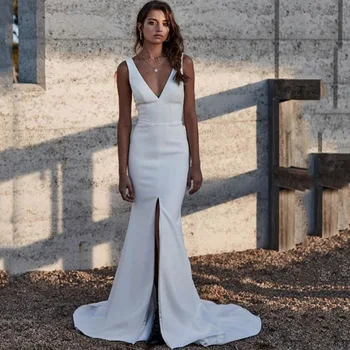 

Eightree Simple Mermaid Wedding Dress Boho Stain Split Wedding Gowns V Neck Vestido De Noiva Sereia 2020 Backless Bride Dress