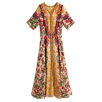 

European and American women's wear 2020 summer new style Five-point sleeve v-neck Mosaic print Fashion silk dress
