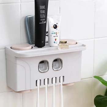 

Wall Mount Toothbrush Holder Automatic Toothpaste Squeezer Dispenser Bathroom Set Accessories Storage Rack Suction 4 Cup