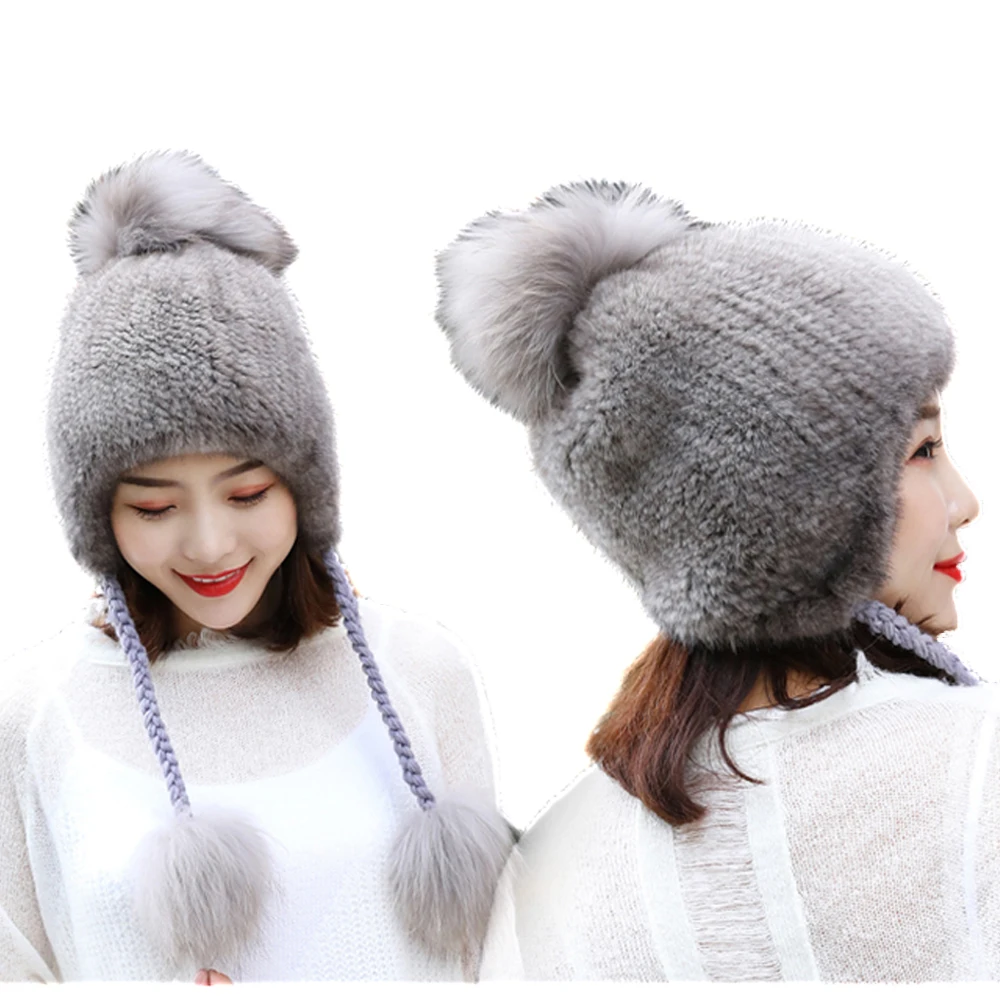 Elegant Grey Женские шапки из натурального меха норки, зимняя шапка с шариками из лисьего меха, наушники Skullies Beanie, ручная тканая пушистая мягкая - Цвет: Elegant Grey