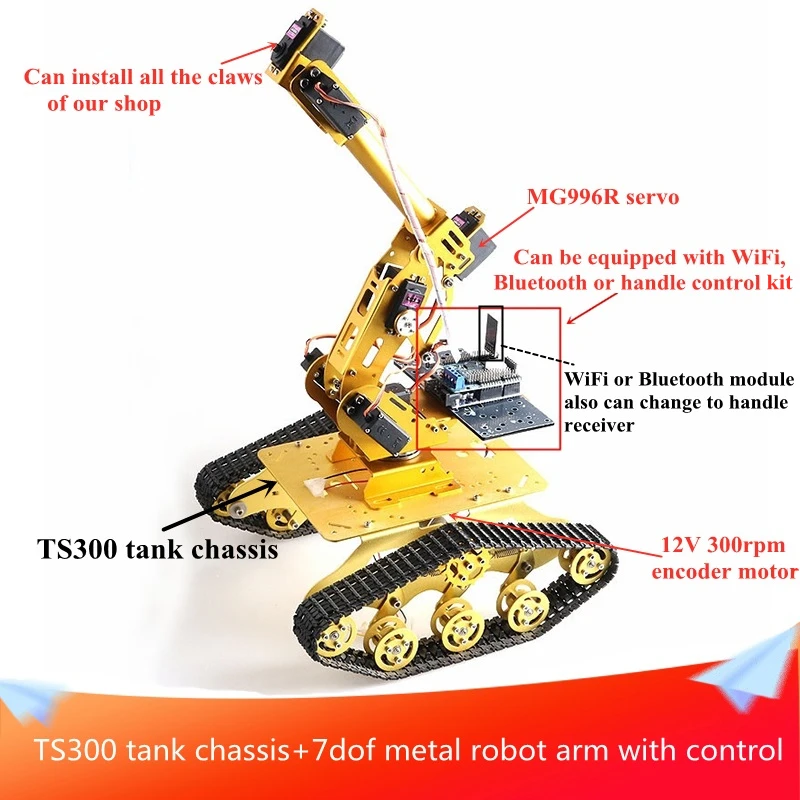 US $210.30 With Control Kit TS300 Shock Absorption Smart Tank Chassis7DOF Metal Robot Arm with 12V DC Motor DIY Smart Toy for Education