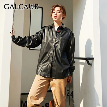 

GALCAUR Vintage Hit Color Women's Leather Coats Lapel Collar Long Sleeve Autumn Streetwear Style Jackets Female Fashion 2020 New