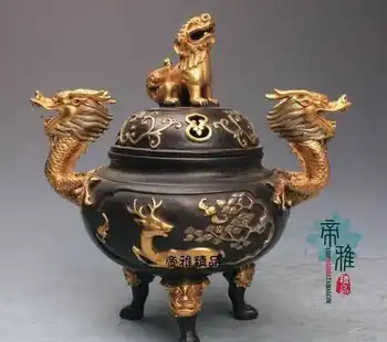 

China Copper 24K Gold Gild Foo Dog Lion Dragon Deer kylin Incense Burner Censer