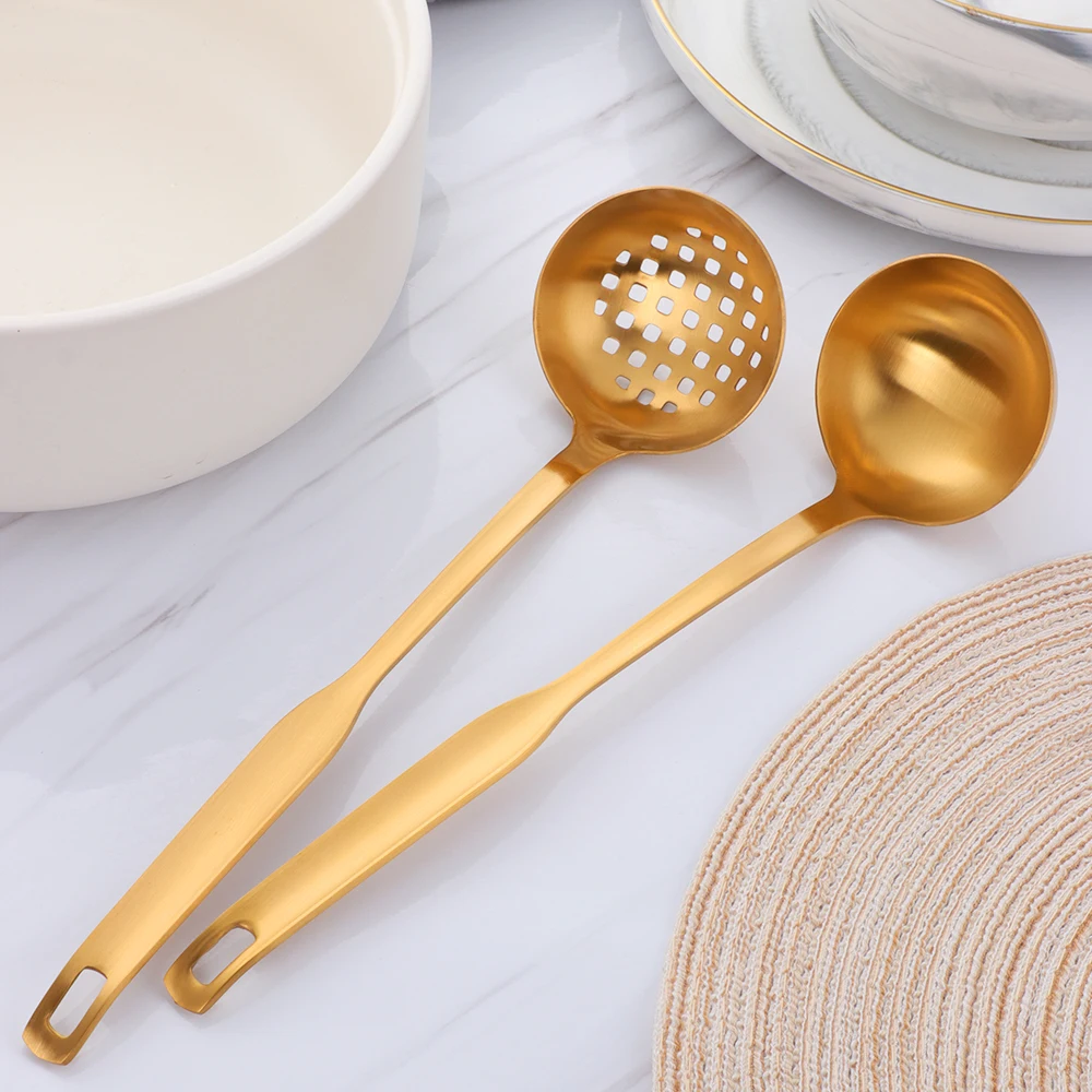 2Pcs/Set Gold Spoon Stainless Steel Soup Ladle Scoup Skimmer Long Handle Cooking Tool set Table Kitchen Accessories for Hot Pot kitchen utensils