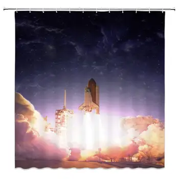 

Rocket Launch Shower Curtain Sky Spaceship Launch Rocket Lift Creative Theme Shower Curtain Decoration Dark Background Shower