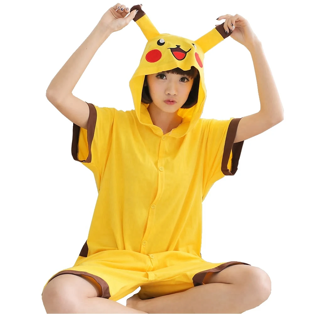 Summer Short Sleeve Pajama Unisex Adult Women Men Onesie Cotton Animal Anime Hooded Yellow Cartoon Cosplay Costume |