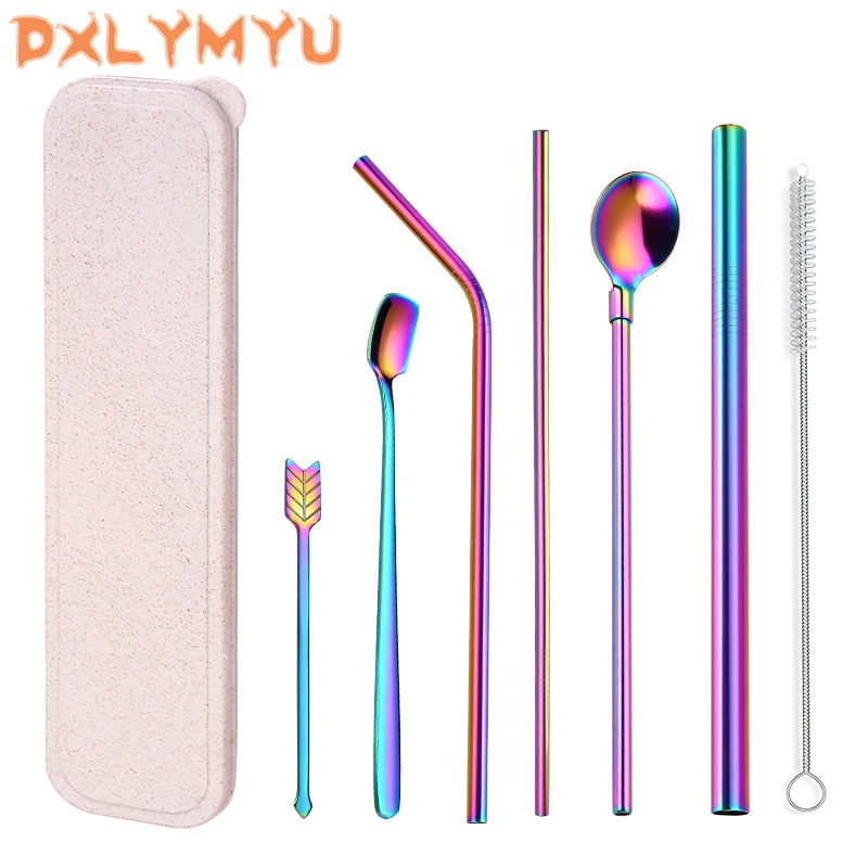  Reusable Metal Drinking Straws Spoon Stainless Steel Sturdy Straight Drinks Straw Table Cutlery Set