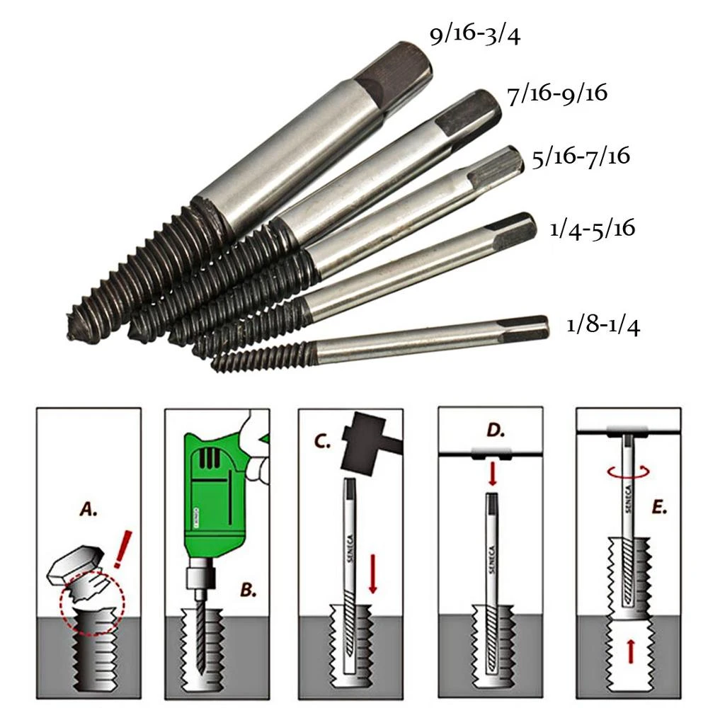 5PCS Screw Extractor Set Easy Out Drill Bits Guide Broken Screws Bolt Remover