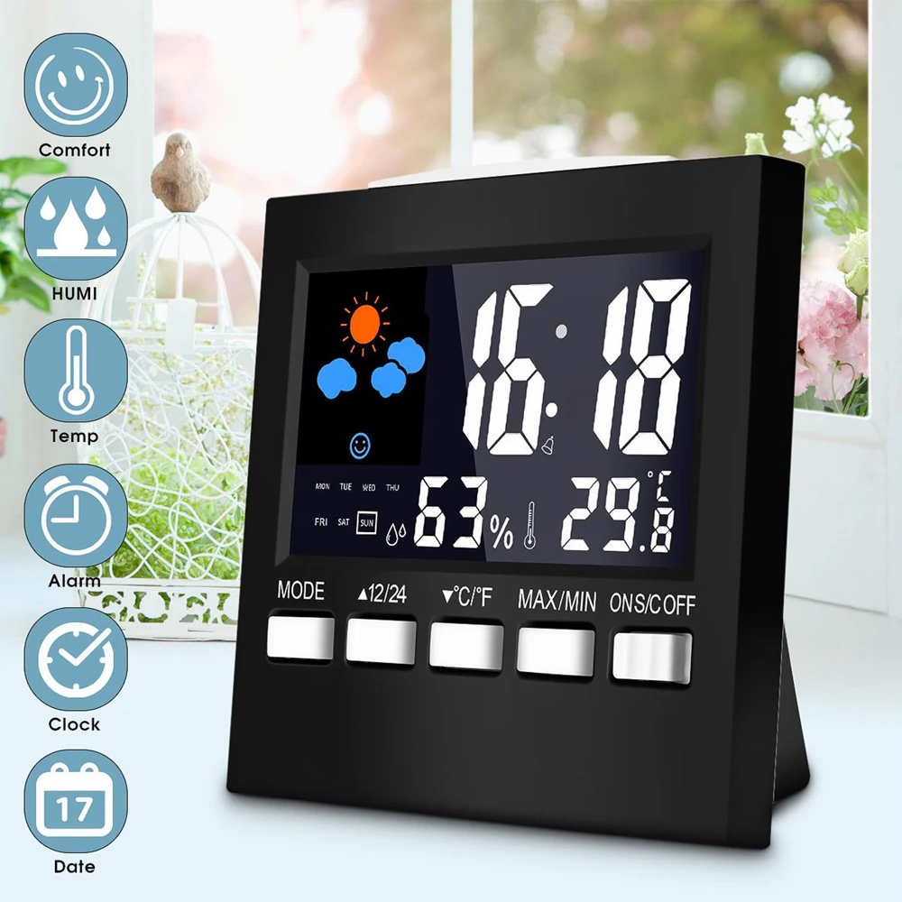 Wireless Weather Station Clock LCD Digital Thermometer Hygrometer Alarm Display 