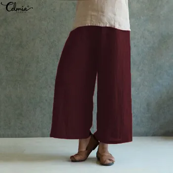 

Celmia Vintage Women Wide Leg Pant Summer Casual Long Trousers Baggy Elastic Waist Solid Linen Plus Size Pantalon Femininas