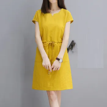 

Summer Dresses 2019 Casual Loose Short Sleeve Solid Color Midi Dress With Sashes Yellow Summer Dress Midi Sukienka Damska #3