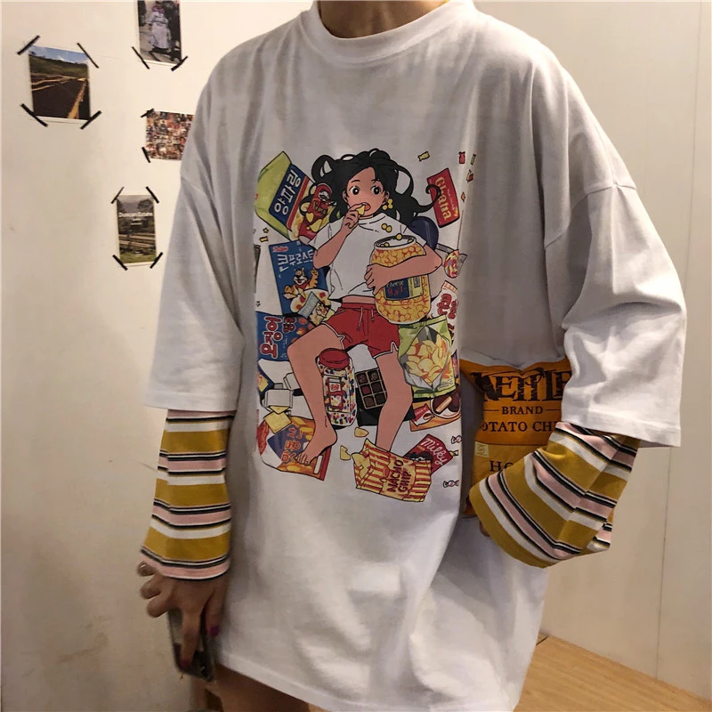 Lychee Harajuku, женские футболки в полоску, 2 шт., топы, футболки с героями мультфильмов, женская футболка, топ, футболка, пэчворк, женские футболки