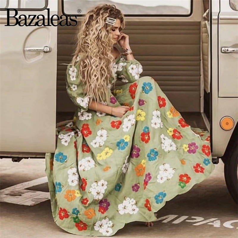 Bazaleas винтажное цветочное зеленое женское платье с v-образным вырезом vestido повседневное Прямая поставка ретро большой женский с пышными рукавами длинное платье