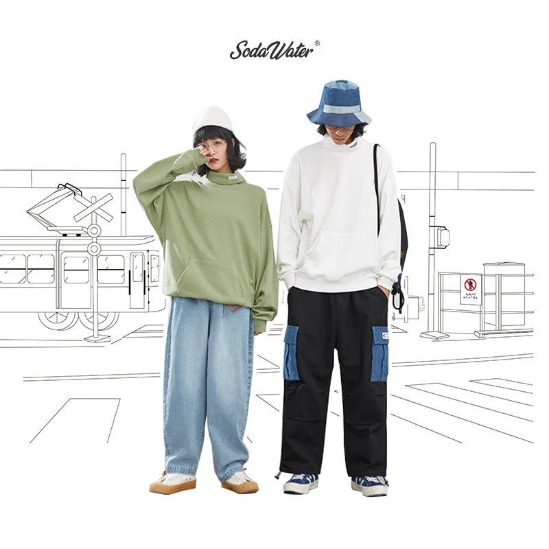 Sodaводяные мужские водолазки уличный сверхразмерный скейтборд одноцветная Толстовка для мужчин Осень Хип Хоп хлопок мужские топы 9622W