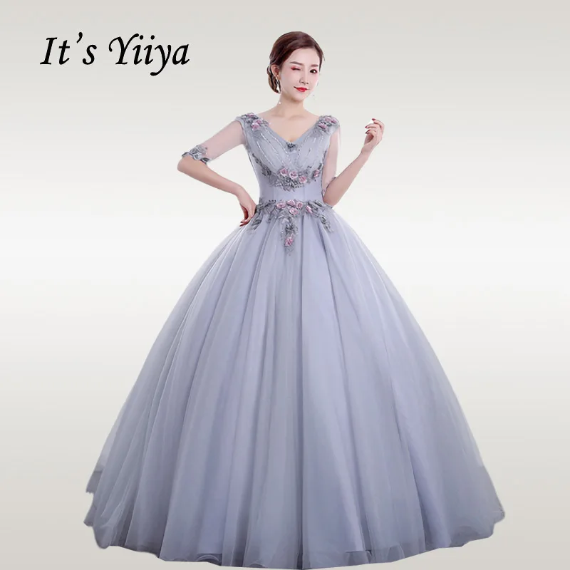 

It's YiiYa Wedding Dress Half Sleeve Appliques Plus Size Robe De Mariee V-neck Elegant Bride Tulle Wedding Ball Dresses CH208