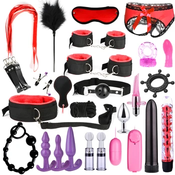 13/15/17/26pcs BDSM Bondage Restraint Kit Bullet Vibrator Handcuff Whip Mouth Gag Anal Bead Butt Plug Adult Game Props 3