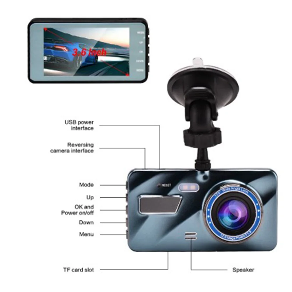 3 6 дюйма Видеорегистраторы для автомобилей HD J16 1080P Двойной объектив Dash Cam синий