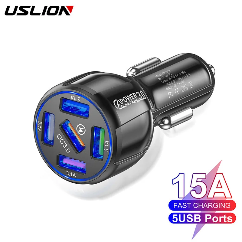15A 5 Ports USB Car Charger Adapter for iPhone 12 Xiaomi Huawei Mobile Phone Tablet