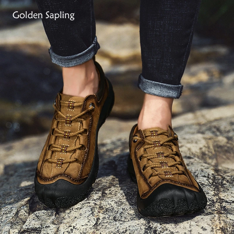 Zapatos Retro dorados cuero genuino para hombre, calzado plano para Trekking, cómodo, informal, Vintage|Zapatos informales de hombre|