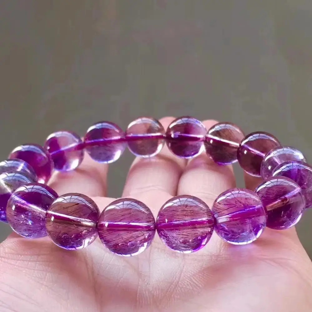 12mm Natural Purple Super Seven 7 Rutilated Quartz Crystal Round Beads Bracelet Women Men Rare AAAAAA Certificate