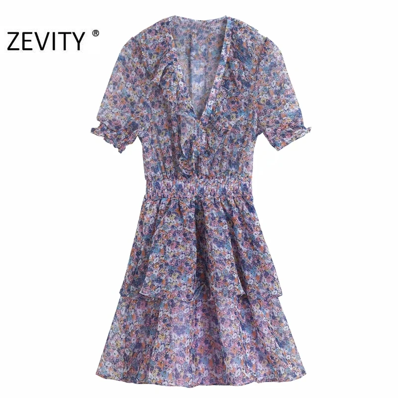 ZEVITY women vintage pleats ruffles v neck print chiffon mini dress lady elastic waist double layer vestidos chic dresses DS4259 ZEVITY women vintage pleats ruffles v neck print chiffon mini dress lady elastic waist double layer vestidos chic dresses DS4259