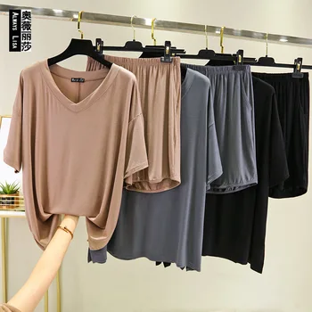 

2020 Modal Pajamas Female V-neck Summer Thin Section Loose and Plus-sized T-shirt Short Sleeve Shorts Homewear Set