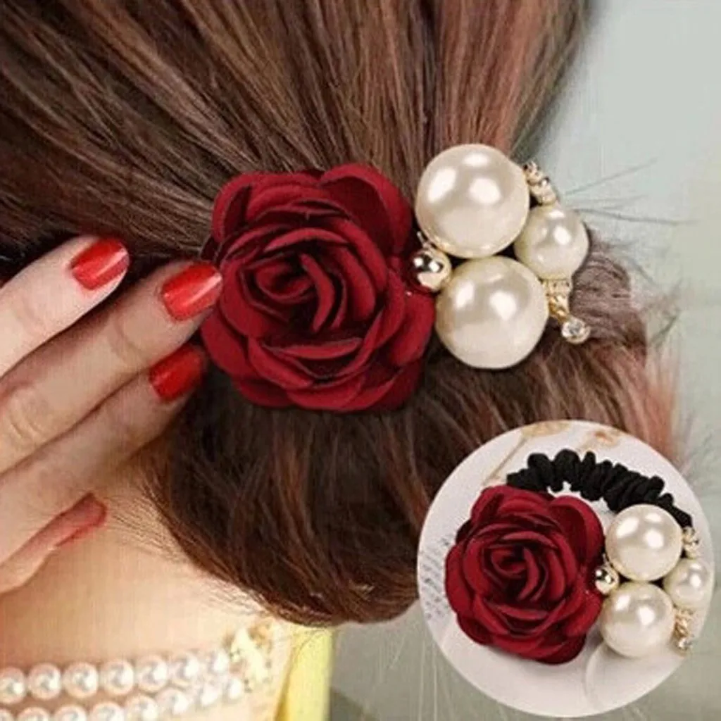 

1pc Hair Accessories Women Fashion Style Big Rose Flower Pearl Rhinestone Hair Bands Elastic Hair Rope Ring 6 Colors for Girls