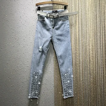 

Rhinestone Beaded Pants Women's 2020 Spring New High-Waist Ripped Slim-Fit Denim Pencil Pants Ankle-Length Pants skinny jeans --