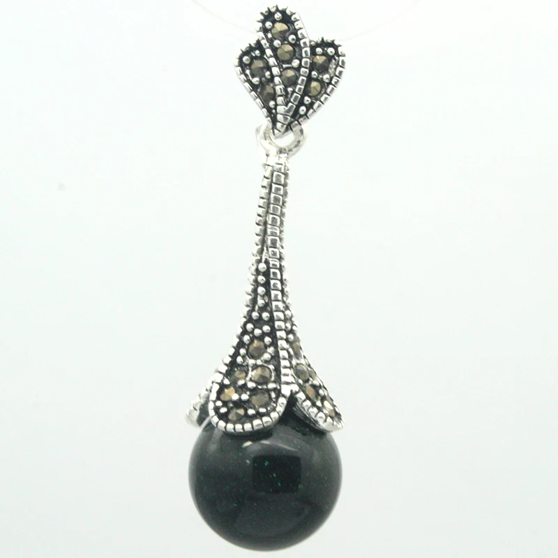 

925 Sterling Silver Natural sandjade Round Bead Marcasite Necklace Pendant 45*12mm