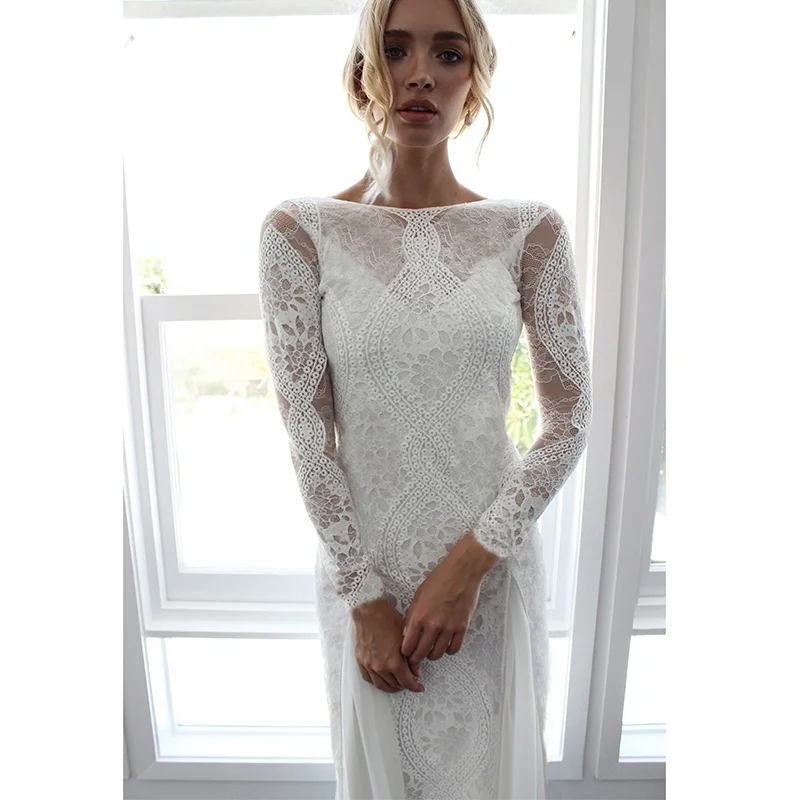 Скромное Свадебное платье русалки в стиле бохо, кружевное свадебное платье с открытой спиной и длинным рукавом, свадебное платье