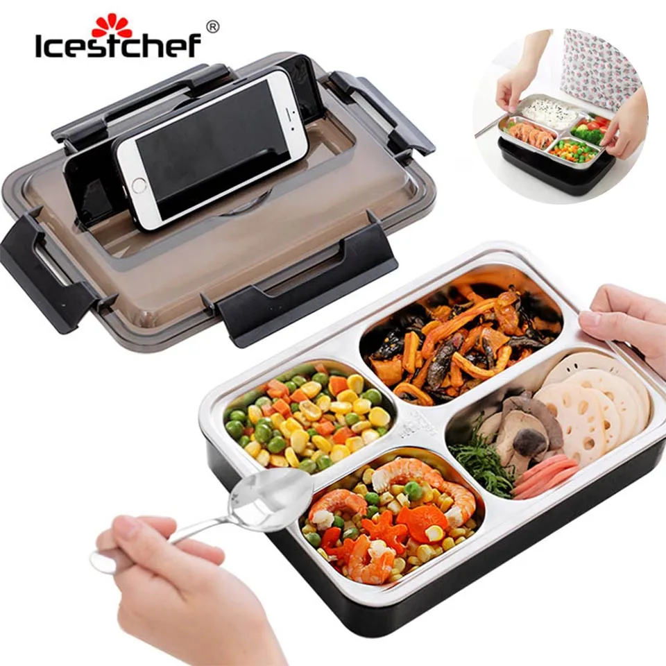 ICESTCHEF 304 нержавеющая сталь Ланч-бокс герметичный Bento box Микроволновая печь детский пищевой контейнер с столовая вилка