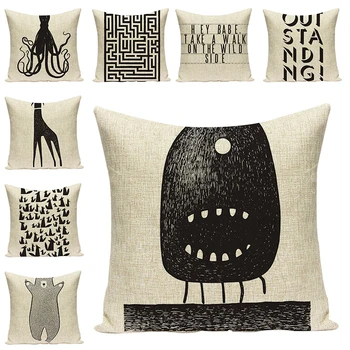 

Cartoon Black and White Fun Animal Printed Pillow Cover Cotton Linen Chair Cushions Art Car Pillowcases Sofa Throw Pillow Cases