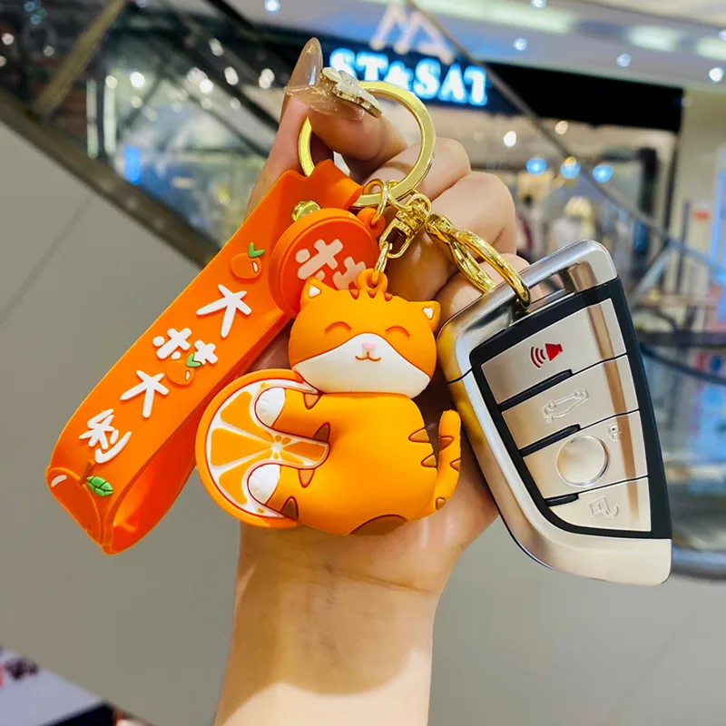 New Cartoon Orange Cat Keychain Cute Good Luck Bag Car Metal Keyring Soft PVC Lanyard Girl Boy Lover Gift 4