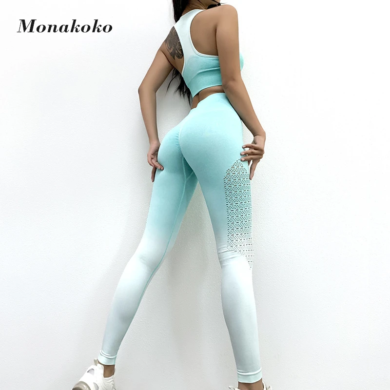 

Gradient Seamless Yoga Set Women Two 2 Piece Crop Top Bra Hight Waist Hollow Legging Sport Suit Fitness Clothes Gym Sets outfits